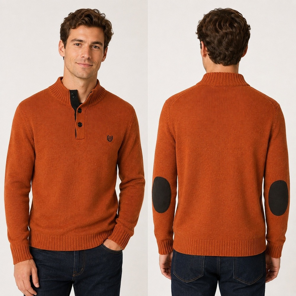 Chaps Preppy Gorpcore Fall Orange Cotton Mock Neck Henley Sweater Elbow Patches